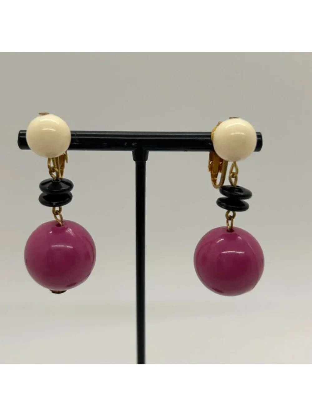 Vintage 1960s Dangle Earrings Clip-On Acrylic Pink White & Black Mod Design